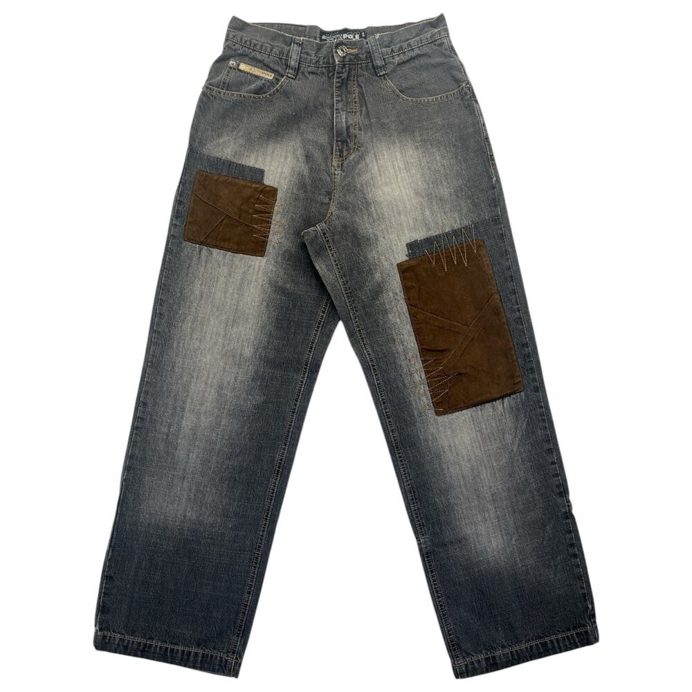 VNG Southpole Jeans Size 29 Dark Grey Wash Brown Suede Patchwork Y2K Streetwear
